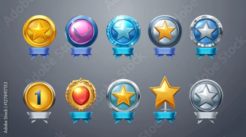 Vector game icon set with level up badge. Isolated achievement emblem with blue ribbon. 1st rank label design collection. Cartoon trophy tag. Metal play progress sign. Steel competition rating concept