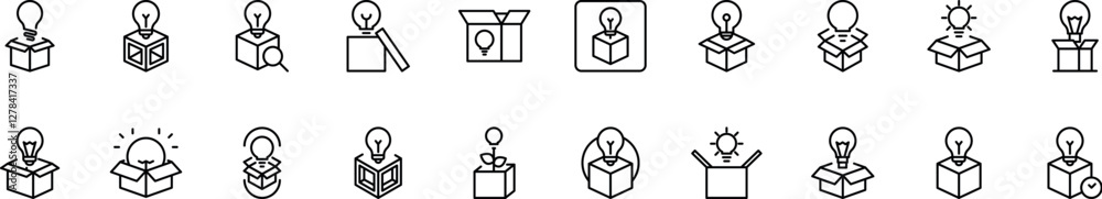 Light Bulb in Box Line Icon Set. Outline Signs for Graphic and Web Design, Apps, Adverts, Various Cards