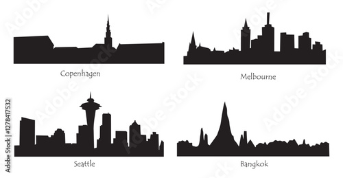 Set of skyline silhouettes of different modern cities, Copenhagen, Melbourne, Seattle, Bangkok. Cityscape black flat vector illustrations isolated on transparent background
