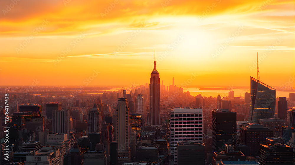 Fototapeta premium Panoramic View of a City Skyline at Golden Hour