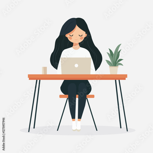 Flat 2D illustration of a young businesswoman working on a laptop at a modern desk, office background, clean and minimalistic style, pastel colors. A woman is working at a computer on a white backgrod