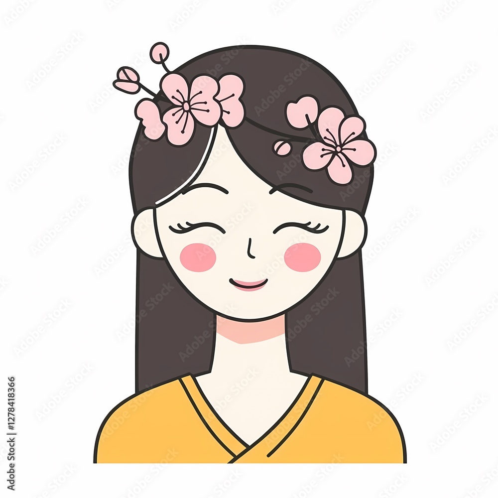 A cute young woman with cherry blossoms in her hair, featuring a South Korean style, minimalistic design.
A cute young woman with cherry blossoms in her hair, featuring a South Korean style, minimalistic design.