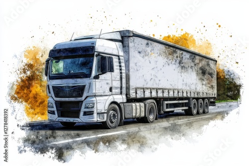 White Truck on Road with Artistic Background and Colorful Leaves