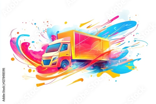 Vibrant Cargo Truck with Colorful Artistic Splashes and Designs