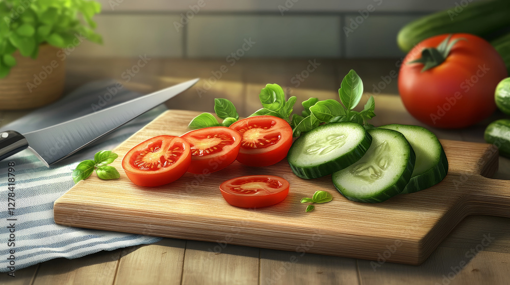 Fresh vegetable slices lying on cutting board with knives and tablecloth top view. Food cooking on kitchen, tomato and cucumber pieces on rectangle wood plank, Realistic 3d vector illustration Fresh vegetable slices lying on cutting board with knives and tablecloth top view. Food cooking on kitchen, tomato and cucumber pieces on rectangle wood plank, Realistic 3d vector illustration
