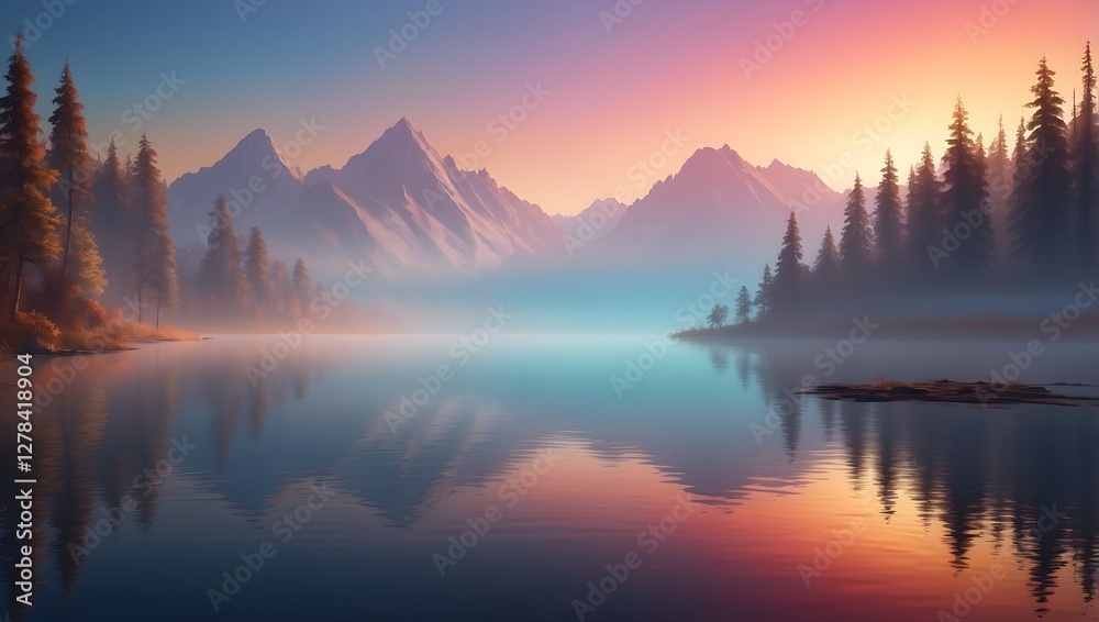 Gemälde in Psychedelischen Farben - Sonnenuntergang am See - Idyllische Landschaft mit Nebel und irisierenden Farben Gemälde in Psychedelischen Farben - Sonnenuntergang am See - Idyllische Landschaft mit Nebel und irisierenden Farben