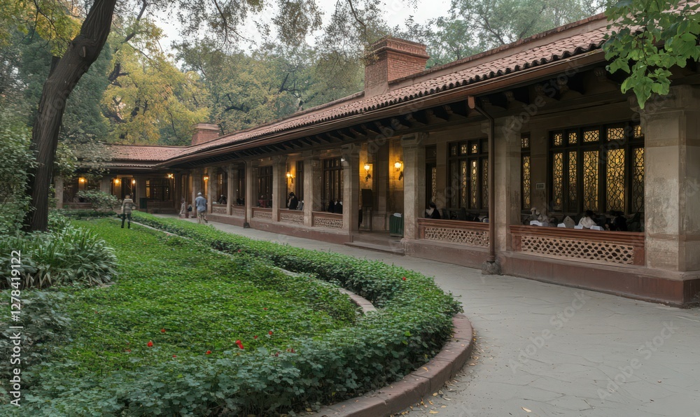 Obraz premium Terracotta Building with Lush Green Landscaping and a Curving Pathway