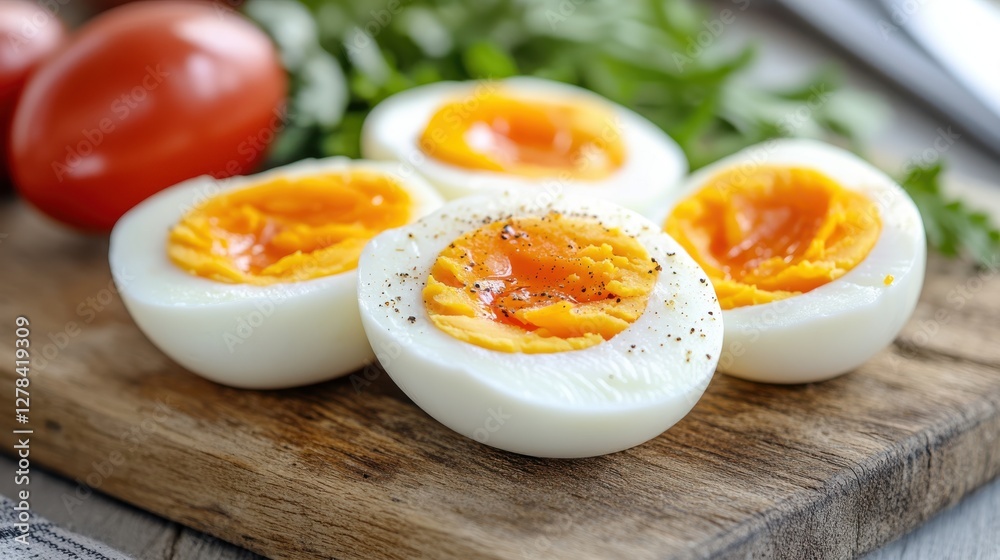 Delicate hard-boiled eggs resting on rustic wooden floor with vibrant backdrop Delicate hard-boiled eggs resting on rustic wooden floor with vibrant backdrop