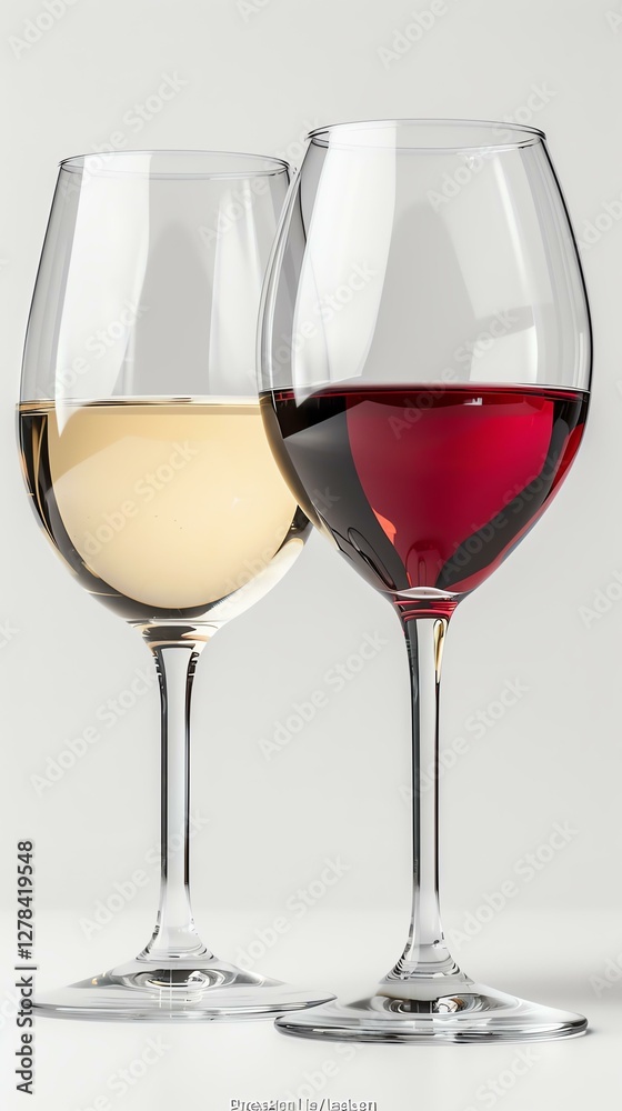 Two elegant wine glasses, one filled with white wine and the other with red wine. Two elegant wine glasses, one filled with white wine and the other with red wine.