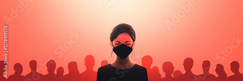 Minimalist illustration depicting social phobia in a crowded environment with a masked individual photo