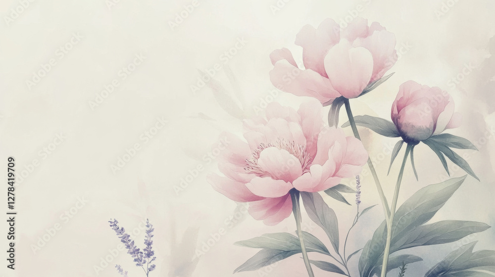 Naklejka premium Soft watercolor florals in pastel tones, subtly scattered across a pale grayish-white background,