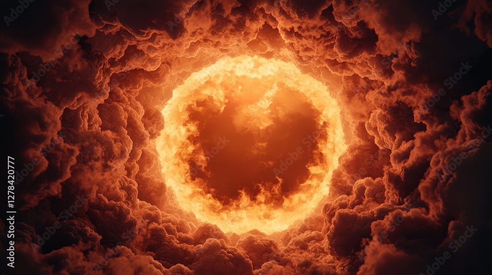 Fototapeta premium A vibrant, fiery sun emerges from dark, swirling clouds, creating a dramatic contrast of light and shadow.