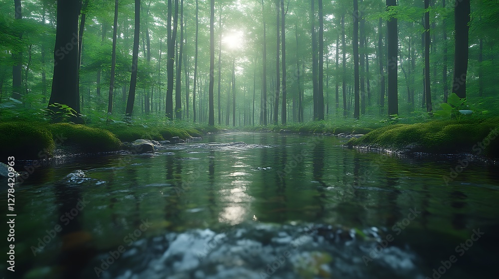 Fototapeta premium Misty forest stream, tranquil morning
