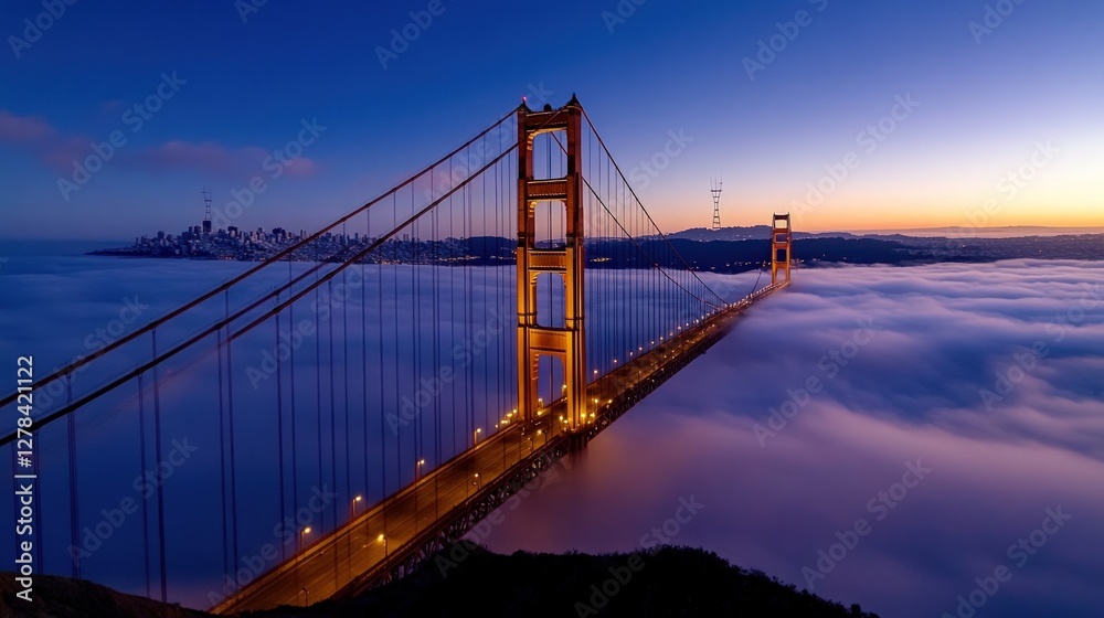 Fototapeta premium Golden Gate Bridge dawn fog San Francisco cityscape travel poster