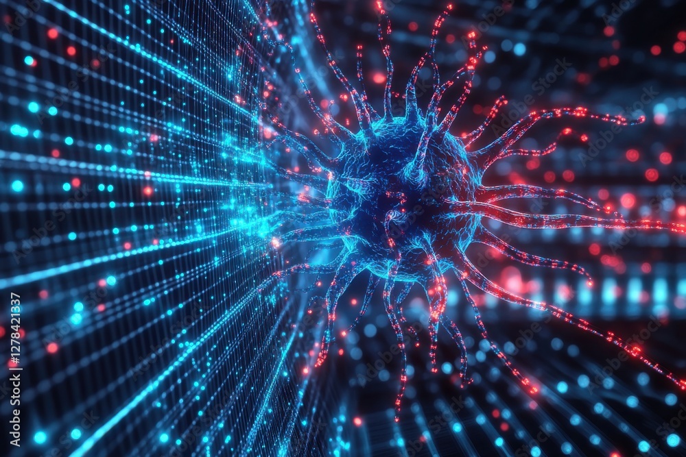 Obraz premium A digitally rendered image of a virus interacting with a grid-like structure, symbolizing the complex interplay between biological threats and technological systems.