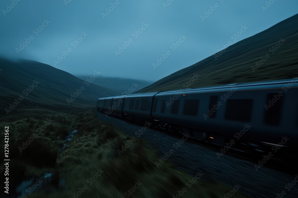 Fototapeta premium Scenic Train Journey Through Misty Mountains at Dusk with Motion Blur