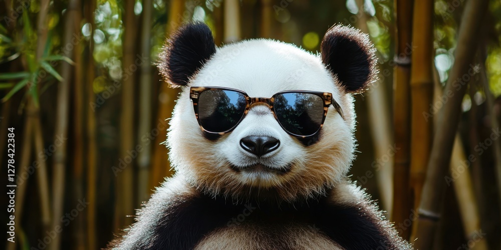 Obraz premium Front view - portrait of a charming panda, side view, bright contrast, black and white shades, fashionable sunglasses, bamboo forest background.