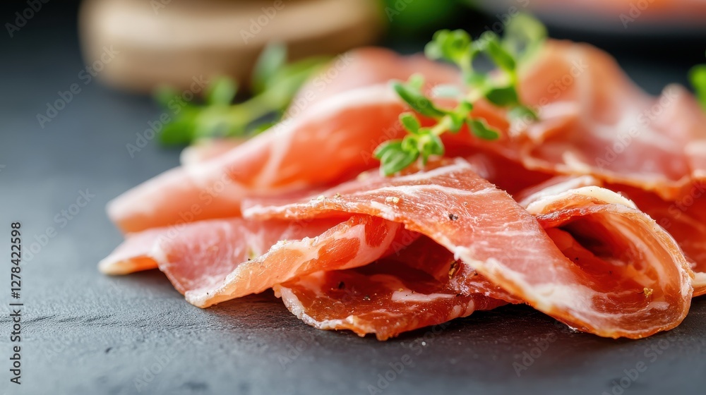 Delicious closeup of savory ham slices on a dark background Delicious closeup of savory ham slices on a dark background