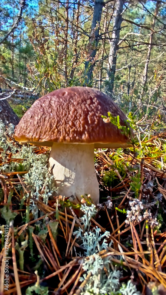 Boletus are very beautiful mushrooms. Mushrooms grow in the forest. Forest mushrooms, green moss, leaves and trees. Boletus are very beautiful mushrooms. Mushrooms grow in the forest. Forest mushrooms, green moss, leaves and trees.