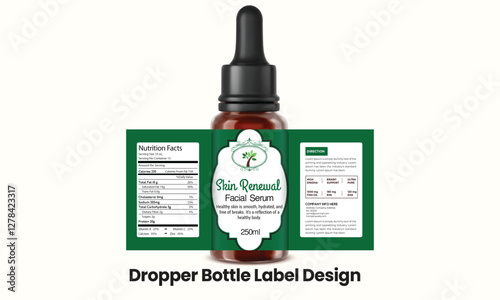 Stylish amber facial serum dropper bottle label design, featuring product branding, nutrition facts, and skincare benefits on a green background.