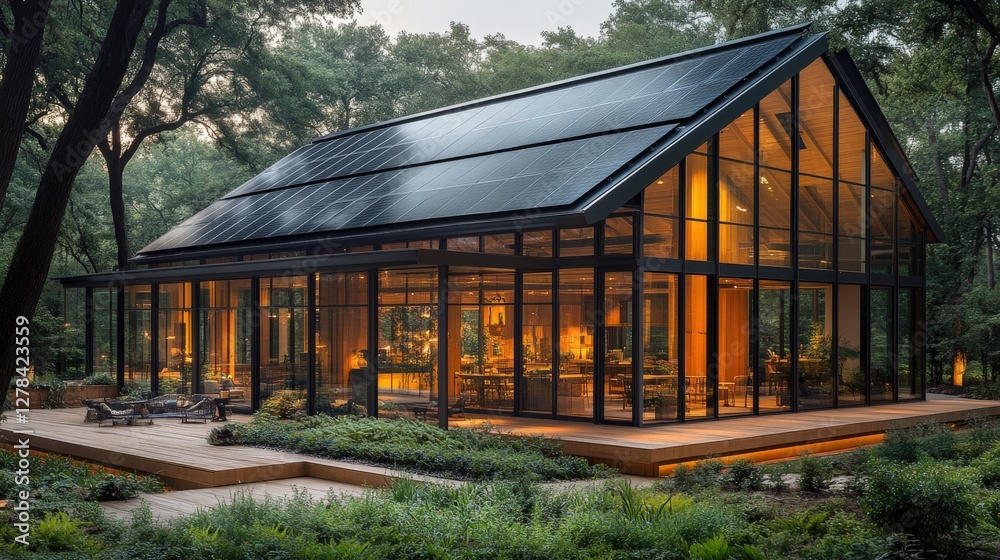 Obraz premium Modern glass house with solar panels nestled in a lush green forest at dusk. Ideal for eco-friendly living, architecture, and sustainable design concepts.