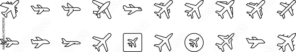 Plane Line Icon Pack. Minimalistic Linear Pictogram for Web and Graphic Design, Apps, Banners, Social Network and Cards Plane Line Icon Pack. Minimalistic Linear Pictogram for Web and Graphic Design, Apps, Banners, Social Network and Cards
