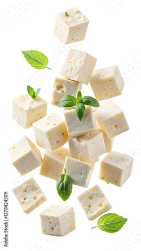 Falling pieces of feta cheese on a transparent background.