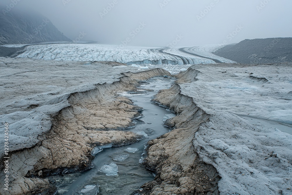 Misty Antarctic landscape featuring a glacial stream cutting through icy terrain with mountains in the background, capturing the serene and remote atmosphere of the region.