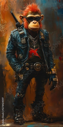 Monkey Biker: A cool monkey character, decked out in a leather jacket, sunglasses, and boots. An illustration of a primate with an adventurous and daring persona.
