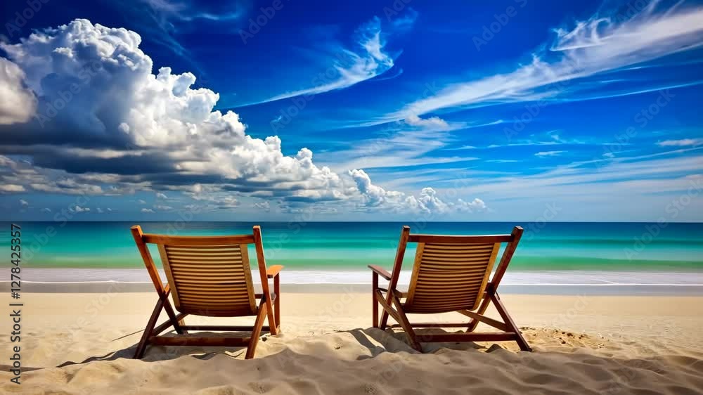 Relaxing beach setting with wooden chairs overlooking the ocean under a vibrant sky Relaxing beach setting with wooden chairs overlooking the ocean under a vibrant sky