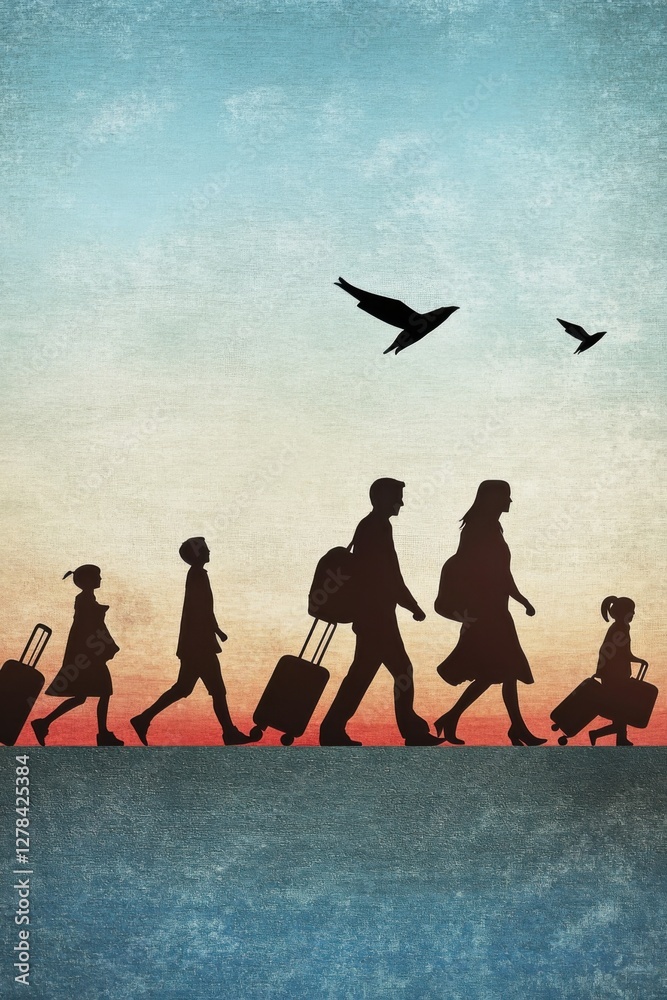 Obraz premium Family journeys toward hope as they cross a border with dreams of a better future