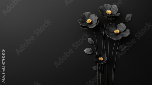 Anemone flowers in black white and gold colors against a tranquil dark matte background