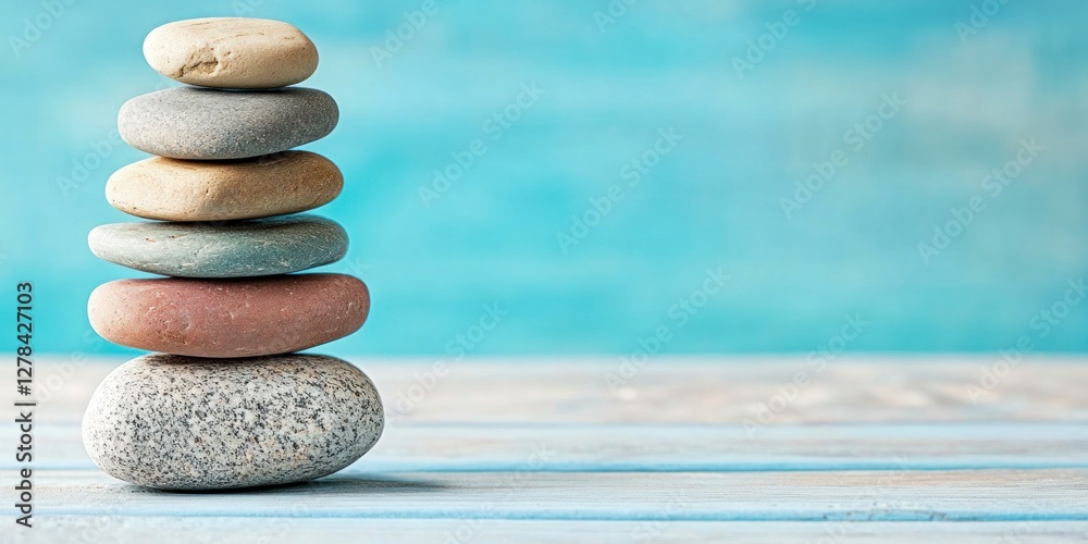 Stacked Smooth Stones on Light Wood Surface with Soft Blue Background Stacked Smooth Stones on Light Wood Surface with Soft Blue Background