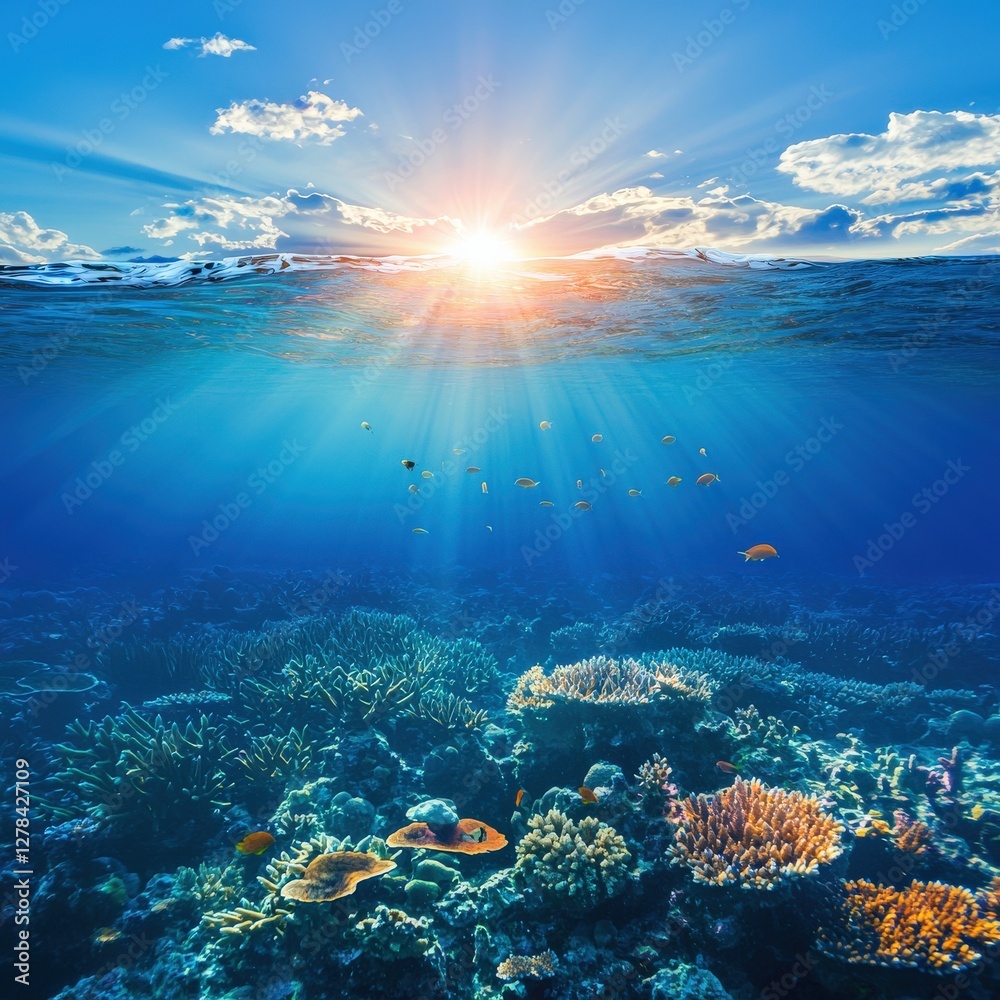 Fototapeta premium Underwater Coral Reef with Sunlight and Marine Life