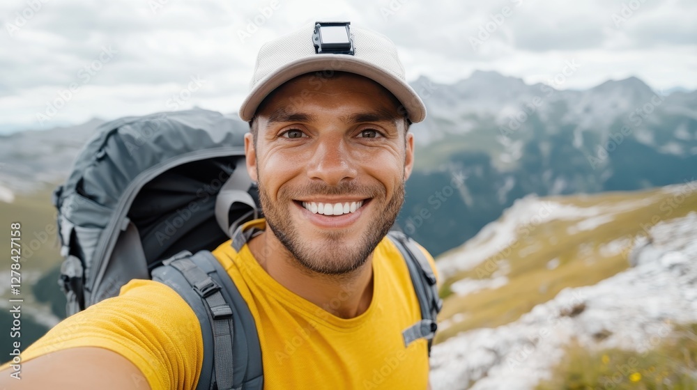 Joyful young hiker enjoys breathtaking views atop a majestic mountain Joyful young hiker enjoys breathtaking views atop a majestic mountain