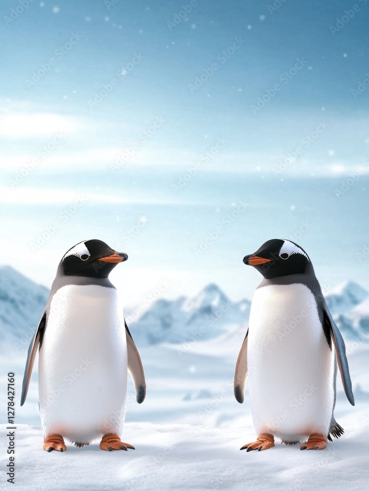 Fototapeta premium Penguins interacting in a snowy landscape wildlife photography arctic environment close-up view nature's beauty