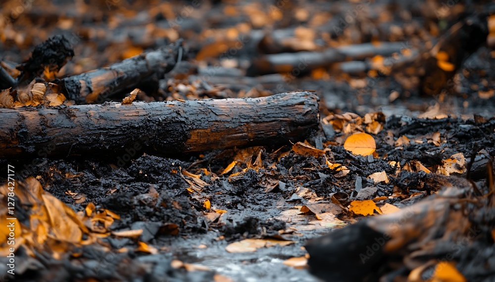Burnt wood, autumn leaves, forest floor Burnt wood, autumn leaves, forest floor