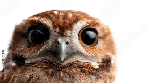 Tropical screech owl captivates with intense gaze against a bright background