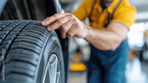Mechanic inspects tyre wear indicator at automotive service center