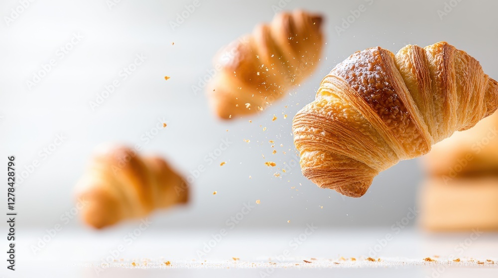Fresh croissants soaring in the air evoke magical bakery moments