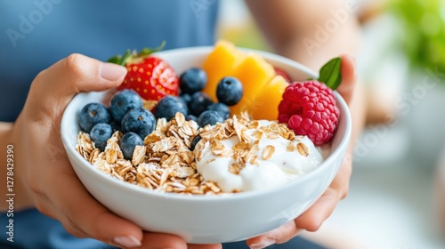 Healthy breakfast ritual with muesli and fresh fruit in home kitchen