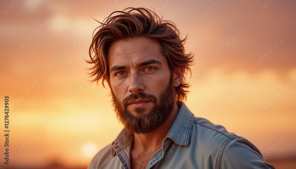 A young man stands confidently against a breathtaking sunset, showcasing his rugged features and stylish hairstyle. The warm glow of the evening sky enhances the serene atmosphere A young man stands confidently against a breathtaking sunset, showcasing his rugged features and stylish hairstyle. The warm glow of the evening sky enhances the serene atmosphere