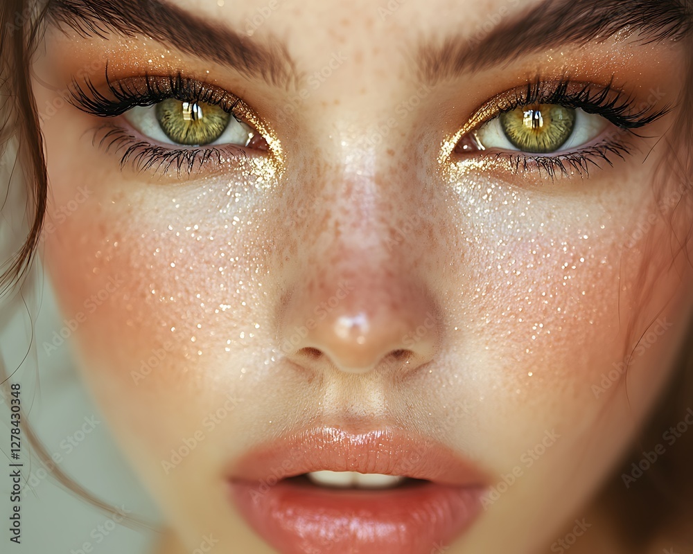 Fototapeta premium Close-up Freckled Face, Makeup, Sunlight