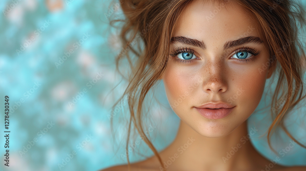 A young woman gazes confidently at the viewer, showcasing her striking blue eyes and flawless skin. Soft waves of her hair frame her face, adding to a serene and captivating atmosphere A young woman gazes confidently at the viewer, showcasing her striking blue eyes and flawless skin. Soft waves of her hair frame her face, adding to a serene and captivating atmosphere