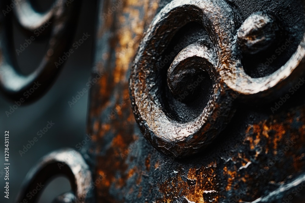 Close-up view of a rusty metal door handle with intricate details and texture Close-up view of a rusty metal door handle with intricate details and texture