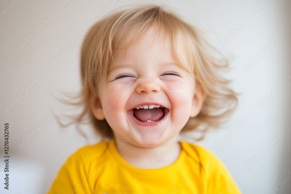 Happy toddler with blonde hair laughing joyfully in bright yellow shirt at home during daylight Happy toddler with blonde hair laughing joyfully in bright yellow shirt at home during daylight