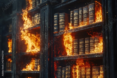 A shelf of books engulfed in flames
