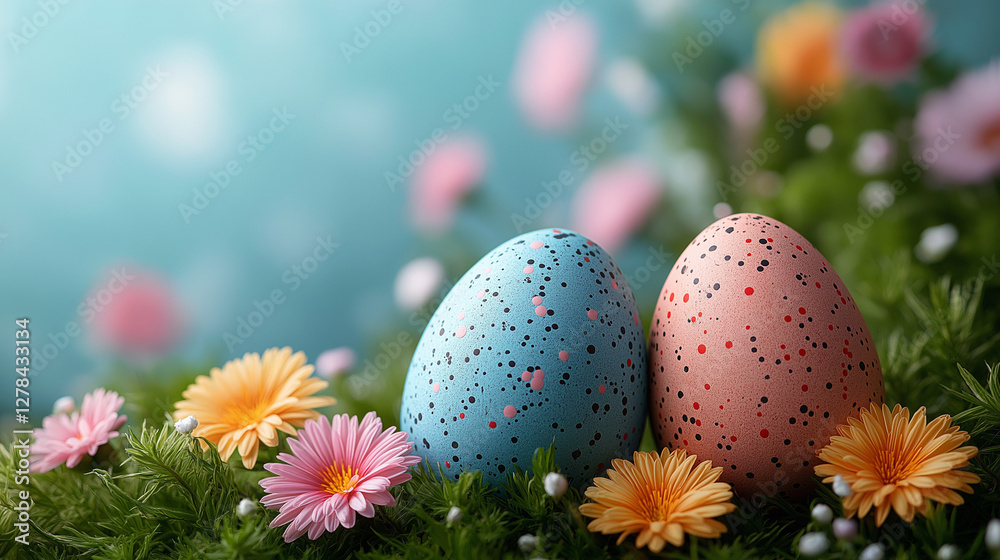 Two speckled eggs, one blue and one pink, are nestled among cheerful daisies and lush greenery, capturing the essence of a bright spring day filled with life and color
