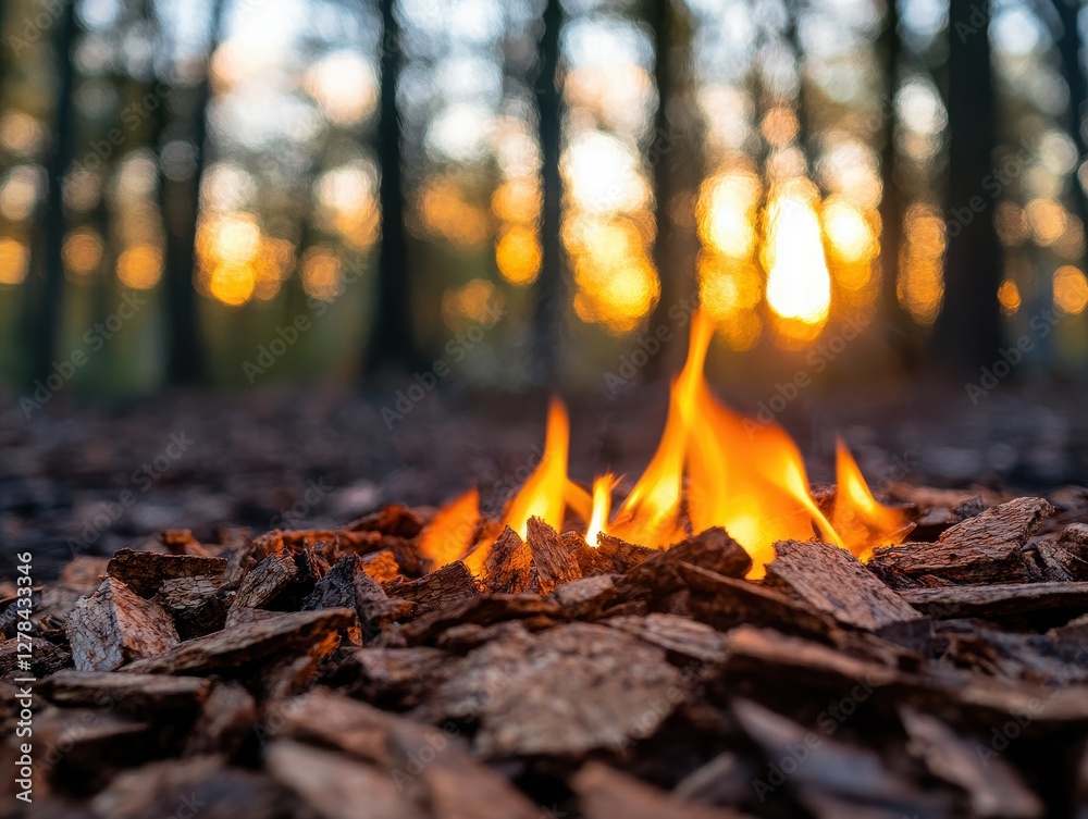 A serene evening scene featuring a small fire amidst woodland foliage, with the warm glow of sunset illuminating the trees. A serene evening scene featuring a small fire amidst woodland foliage, with the warm glow of sunset illuminating the trees.