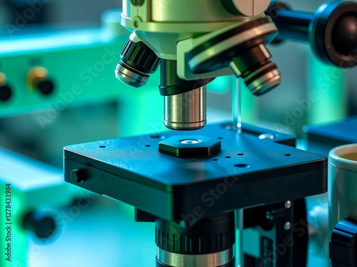 A microscope is on a table with a black square on it. The microscope is being used to look at something
